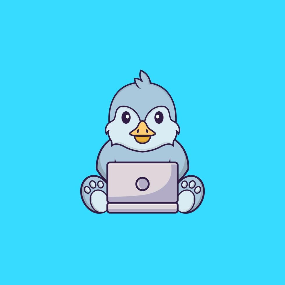 Cute bird using laptop. Animal cartoon concept isolated. Can used for t-shirt, greeting card, invitation card or mascot. Flat Cartoon Style vector