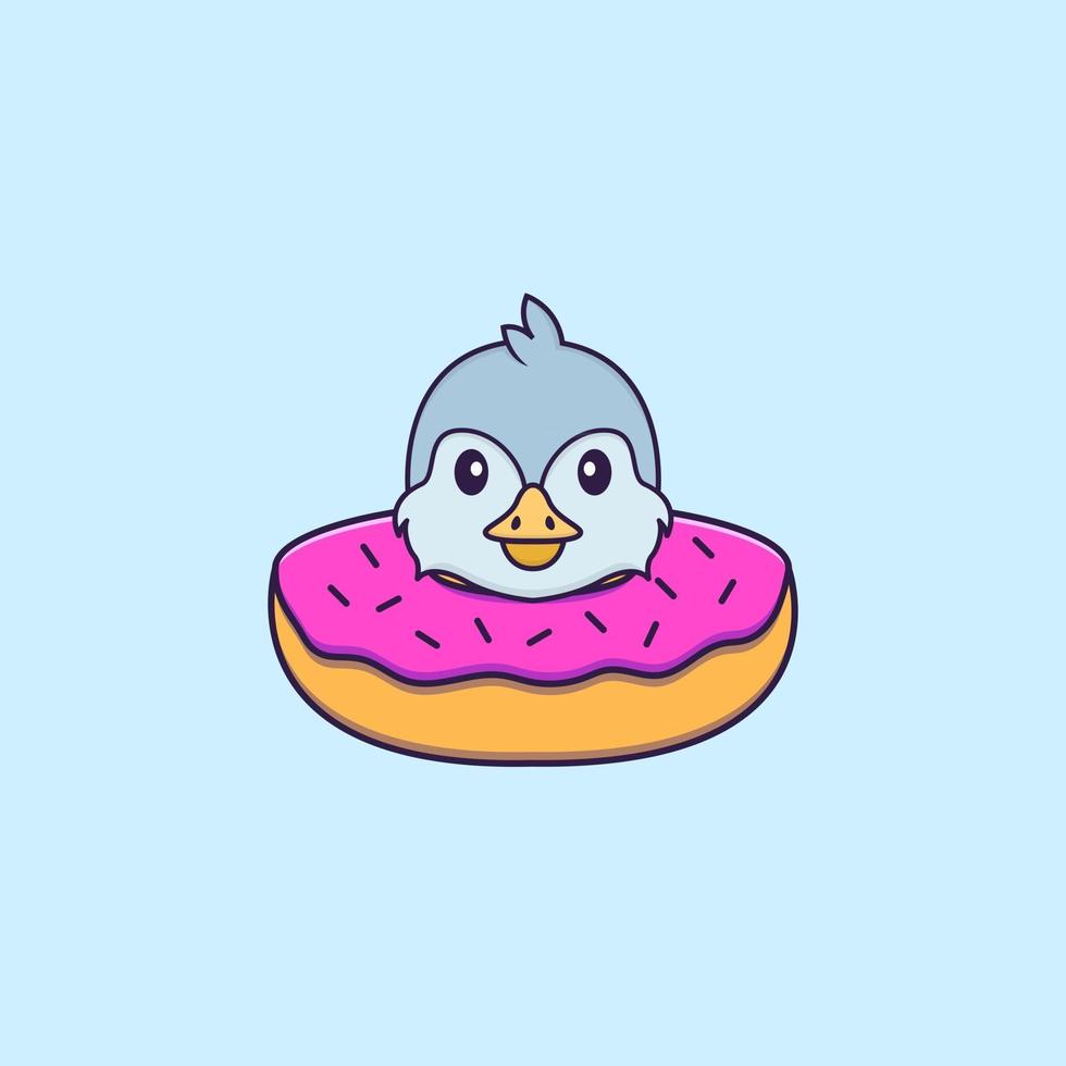 Cute bird with a donut on his neck. Animal cartoon concept isolated. Can used for t-shirt, greeting card, invitation card or mascot. Flat Cartoon Style vector
