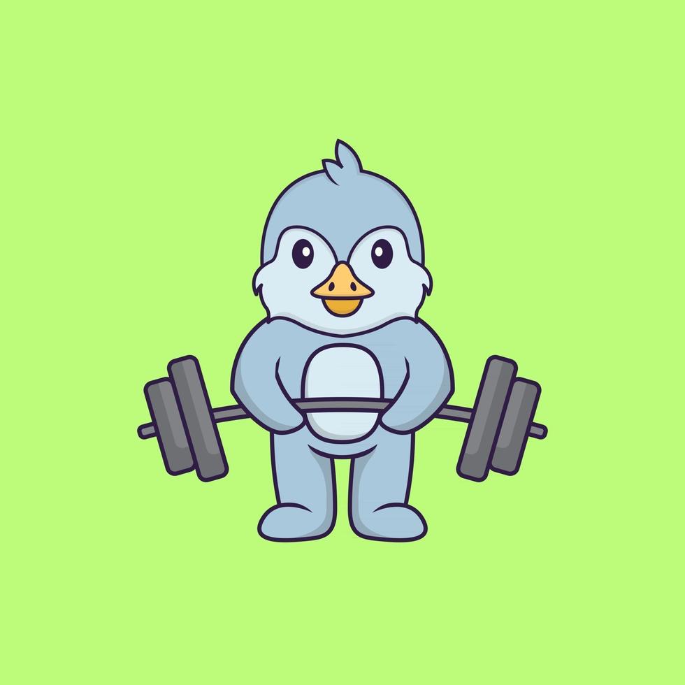 Cute bird lifts the barbell. Animal cartoon concept isolated. Can used for t-shirt, greeting card, invitation card or mascot. Flat Cartoon Style vector