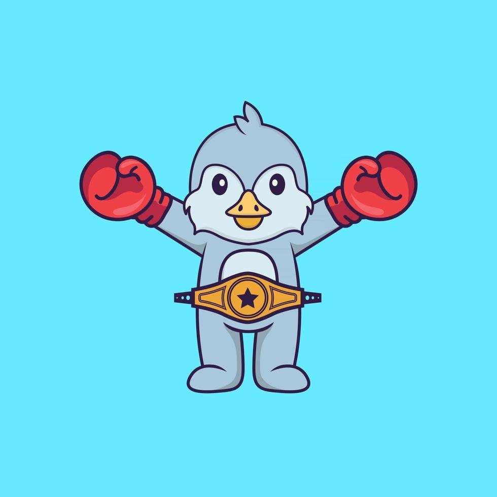 Cute bird in boxer costume with champion belt. Animal cartoon concept isolated. Can used for t-shirt, greeting card, invitation card or mascot. Flat Cartoon Style vector