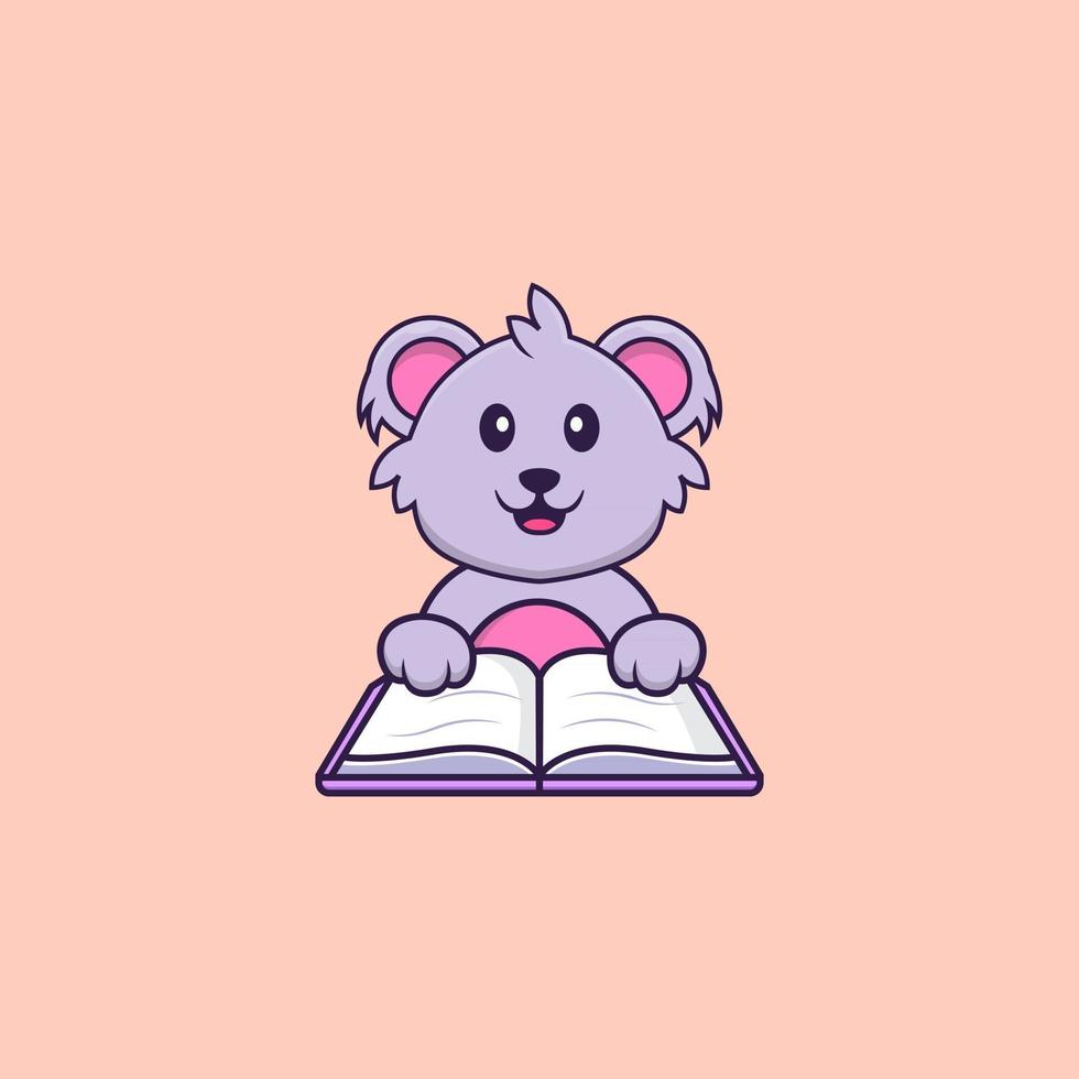 lindo koala leyendo un libro. aislado concepto de dibujos animados de animales. Puede utilizarse para camiseta, tarjeta de felicitación, tarjeta de invitación o mascota. estilo de dibujos animados plana vector