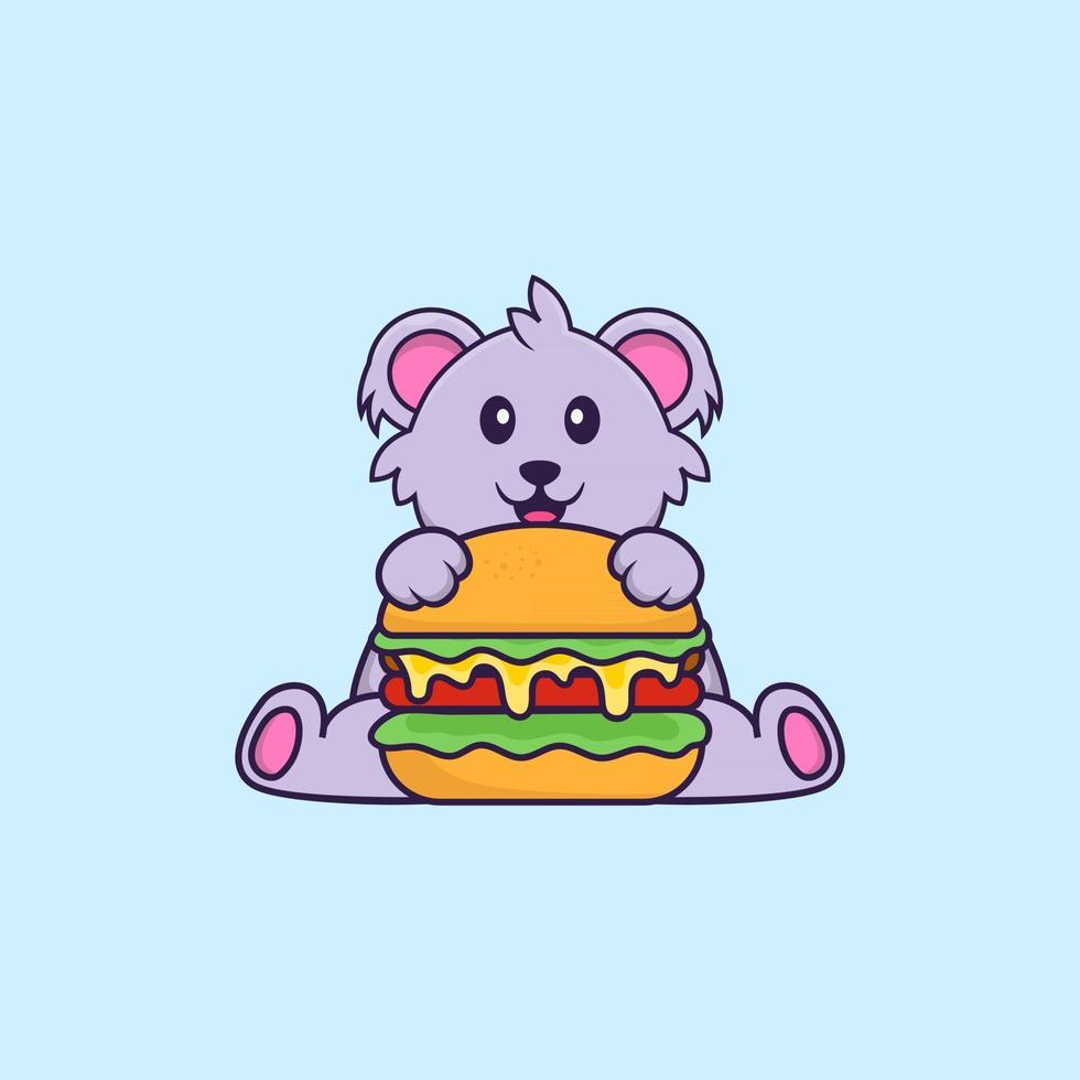 Cute koala eating burger. Animal cartoon concept isolated. Can used for t-shirt, greeting card, invitation card or mascot. Flat Cartoon Style vector