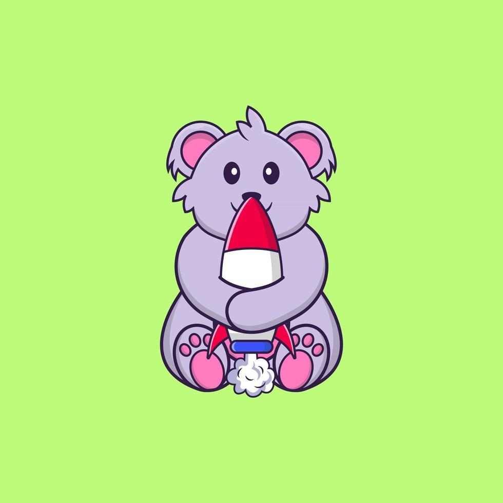 lindo koala sosteniendo un cohete. aislado concepto de dibujos animados de animales. Puede utilizarse para camiseta, tarjeta de felicitación, tarjeta de invitación o mascota. estilo de dibujos animados plana vector