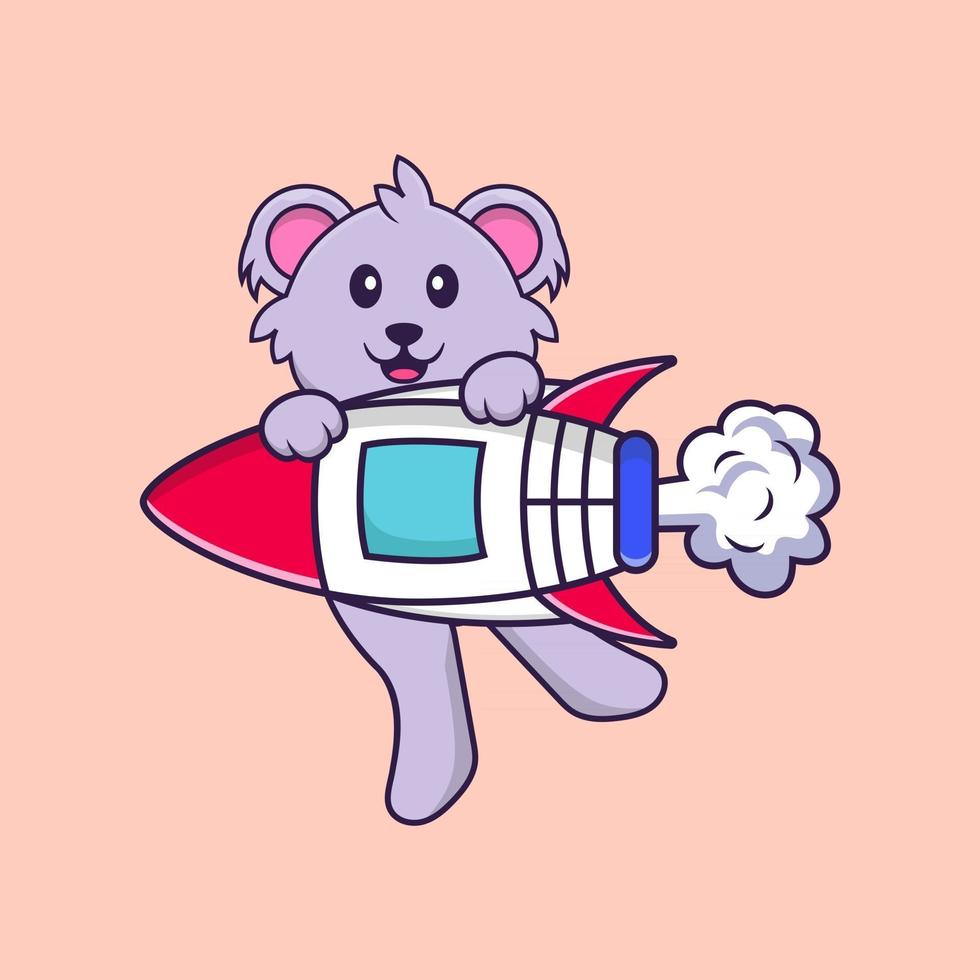 Cute koala flying on rocket. Animal cartoon concept isolated. Can used for t-shirt, greeting card, invitation card or mascot. Flat Cartoon Style vector