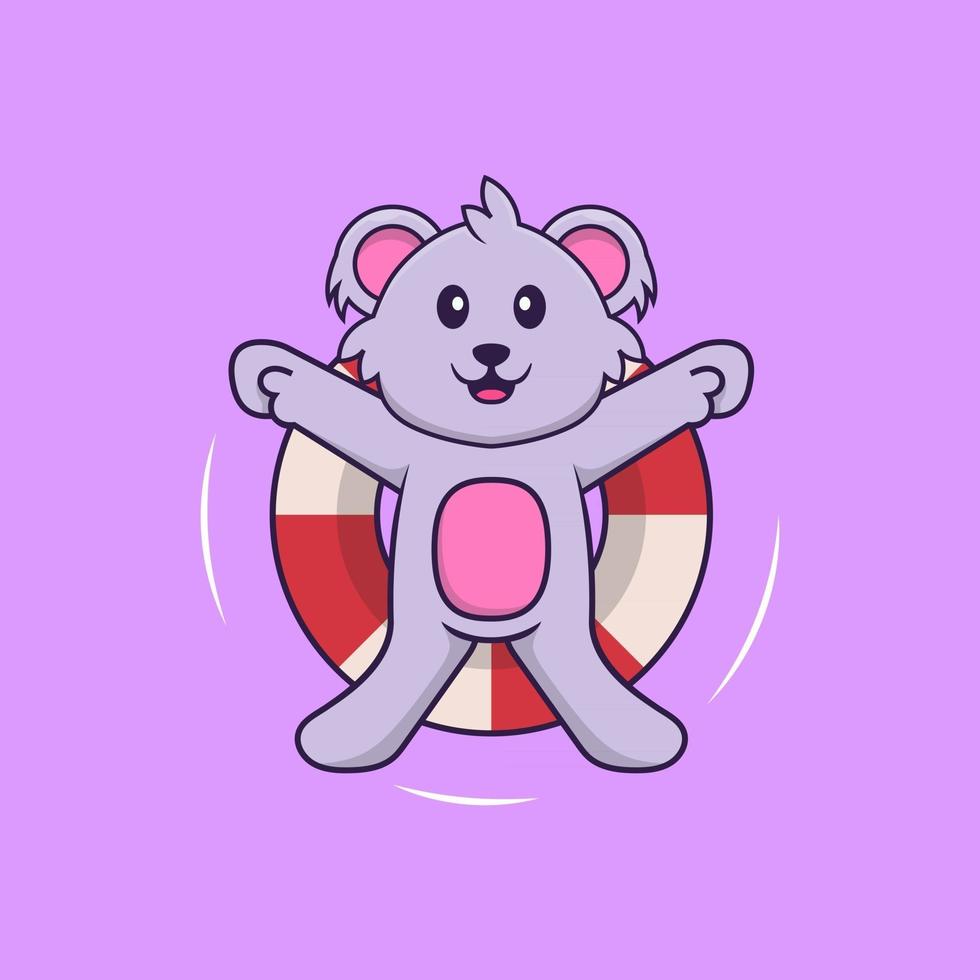 lindo koala está nadando con una boya. aislado concepto de dibujos animados de animales. Puede utilizarse para camiseta, tarjeta de felicitación, tarjeta de invitación o mascota. estilo de dibujos animados plana vector