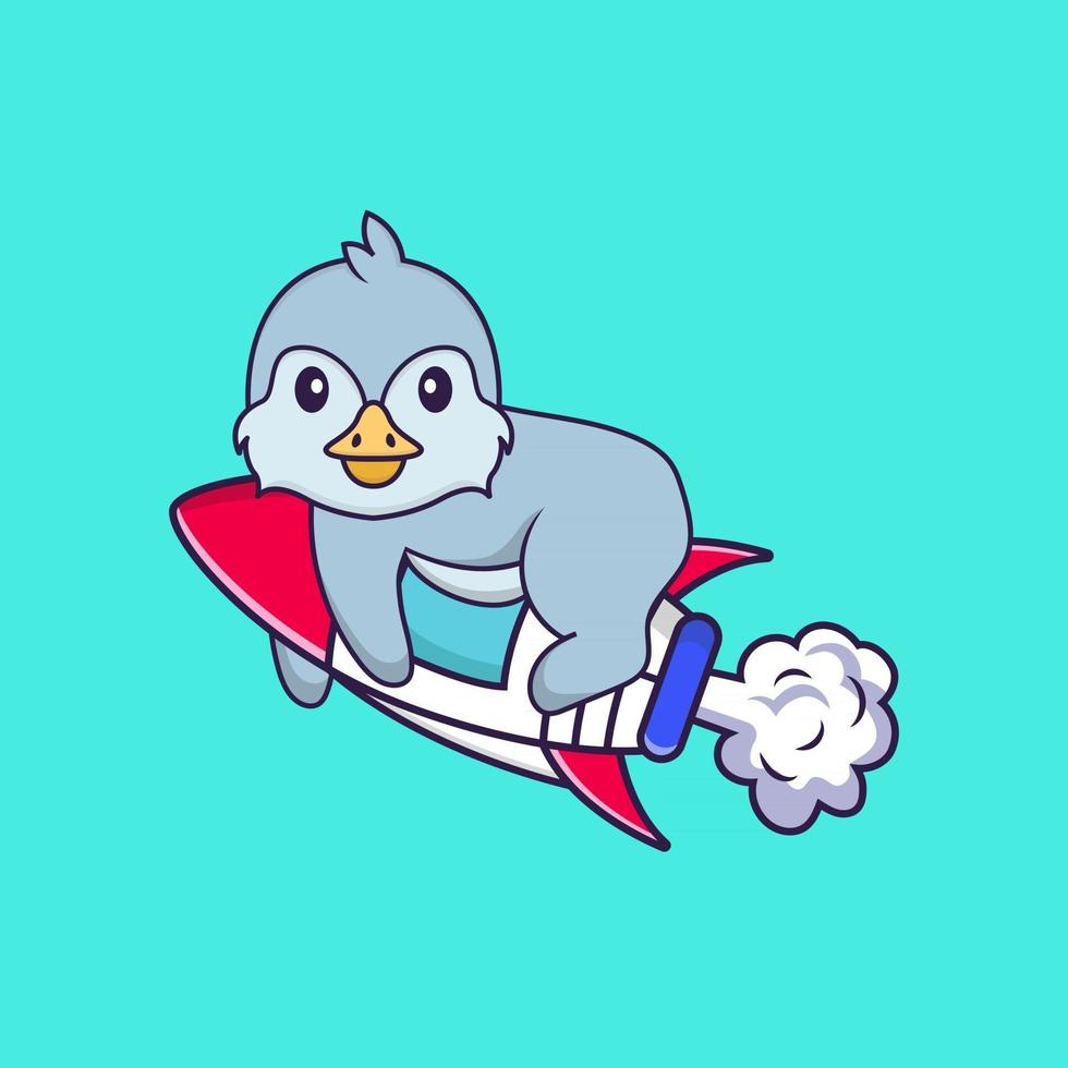 Cute bird flying on rocket. Animal cartoon concept isolated. Can used for t-shirt, greeting card, invitation card or mascot. Flat Cartoon Style vector