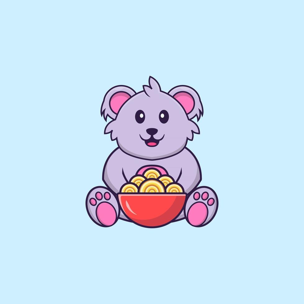 Cute koala eating ramen noodles. Animal cartoon concept isolated. Can used for t-shirt, greeting card, invitation card or mascot. Flat Cartoon Style vector