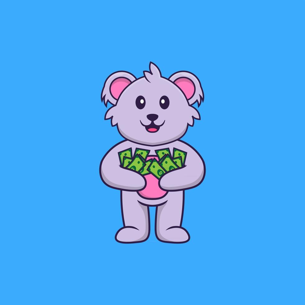 Cute koala holding money. Animal cartoon concept isolated. Can used for t-shirt, greeting card, invitation card or mascot. Flat Cartoon Style vector