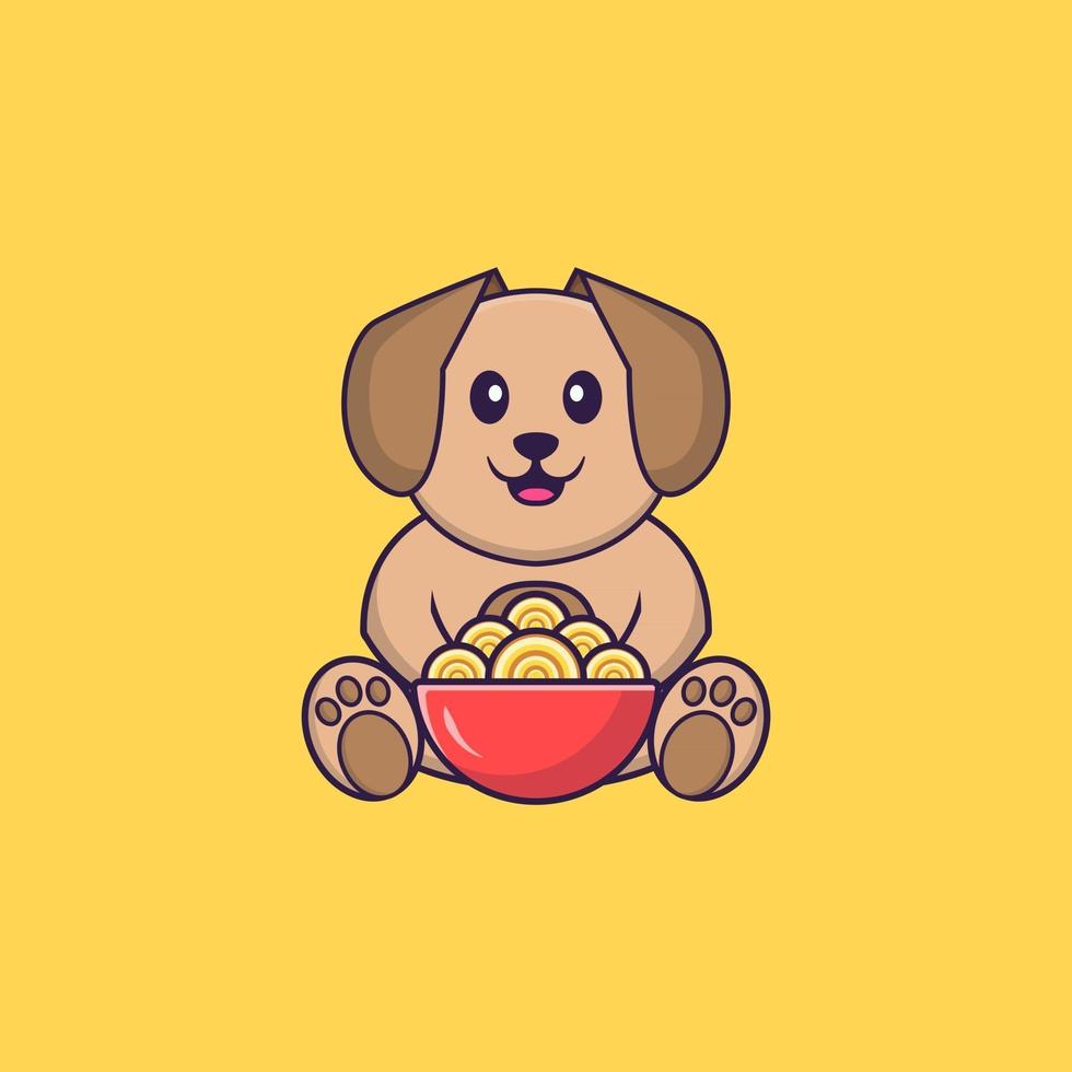 Cute dog eating ramen noodles. Animal cartoon concept isolated. Can used for t-shirt, greeting card, invitation card or mascot. Flat Cartoon Style vector