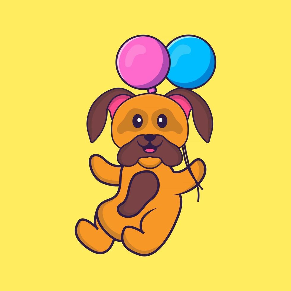 lindo perro volando con dos globos. aislado concepto de dibujos animados de animales. Puede utilizarse para camiseta, tarjeta de felicitación, tarjeta de invitación o mascota. estilo de dibujos animados plana vector