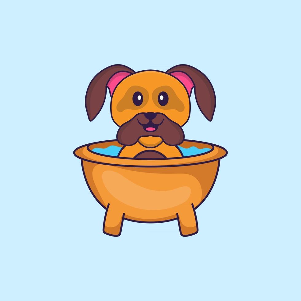 Cute dog taking a bath in the bathtub. Animal cartoon concept isolated. Can used for t-shirt, greeting card, invitation card or mascot. Flat Cartoon Style vector