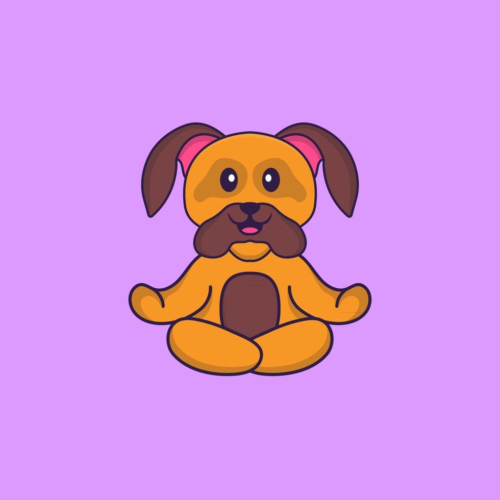 Cute dog is meditating or doing yoga. Animal cartoon concept isolated. Can used for t-shirt, greeting card, invitation card or mascot. Flat Cartoon Style vector