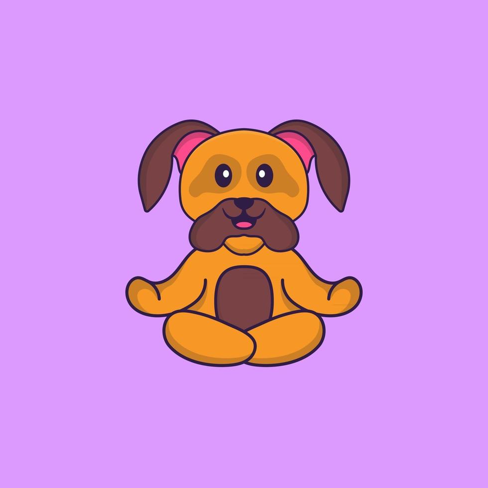 lindo perro está meditando o haciendo yoga. aislado concepto de dibujos animados de animales. Puede utilizarse para camiseta, tarjeta de felicitación, tarjeta de invitación o mascota. estilo de dibujos animados plana vector