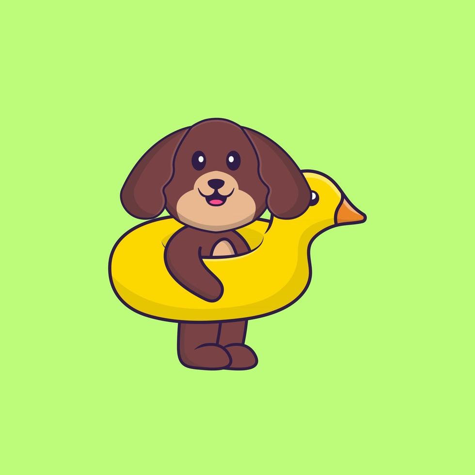 Cute dog With Duck buoy. Animal cartoon concept isolated. Can used for t-shirt, greeting card, invitation card or mascot. Flat Cartoon Style vector