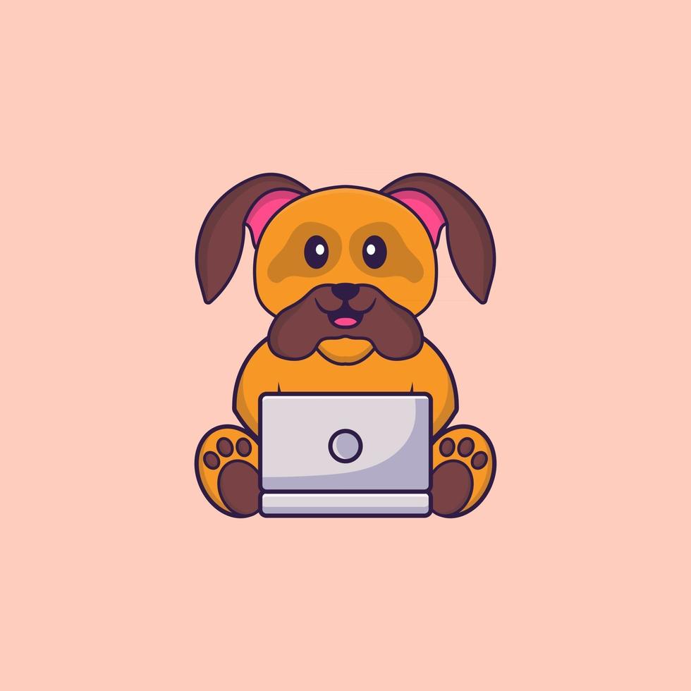 Cute dog using laptop. Animal cartoon concept isolated. Can used for t-shirt, greeting card, invitation card or mascot. Flat Cartoon Style vector