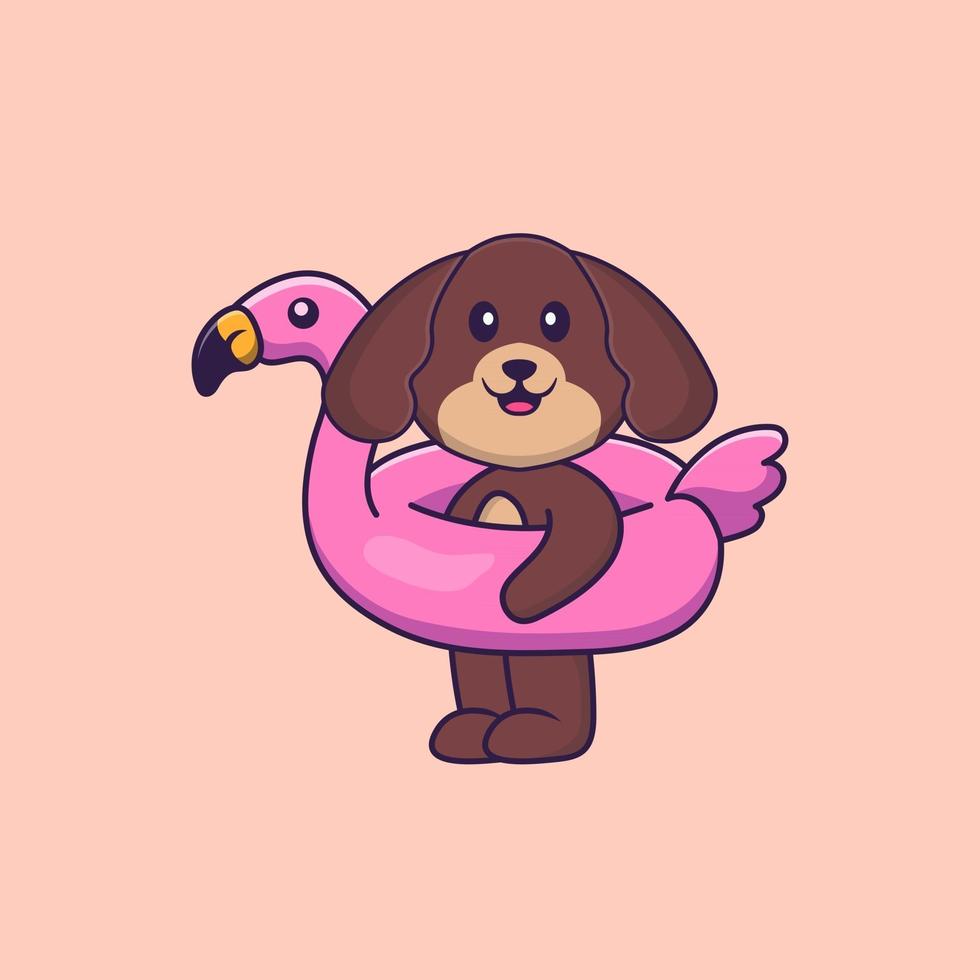 Cute dog With flamingo buoy. Animal cartoon concept isolated. Can used for t-shirt, greeting card, invitation card or mascot. Flat Cartoon Style vector