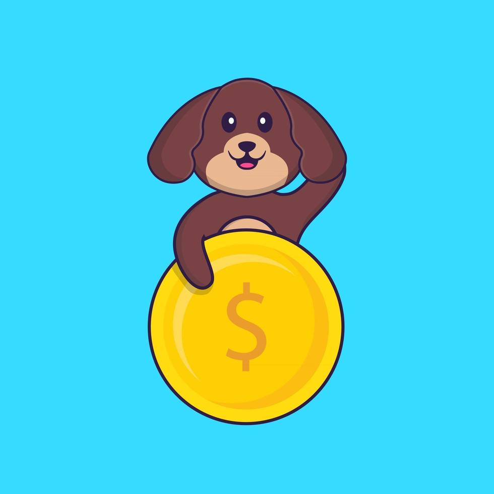 Cute dog holding coin. Animal cartoon concept isolated. Can used for t-shirt, greeting card, invitation card or mascot. Flat Cartoon Style vector