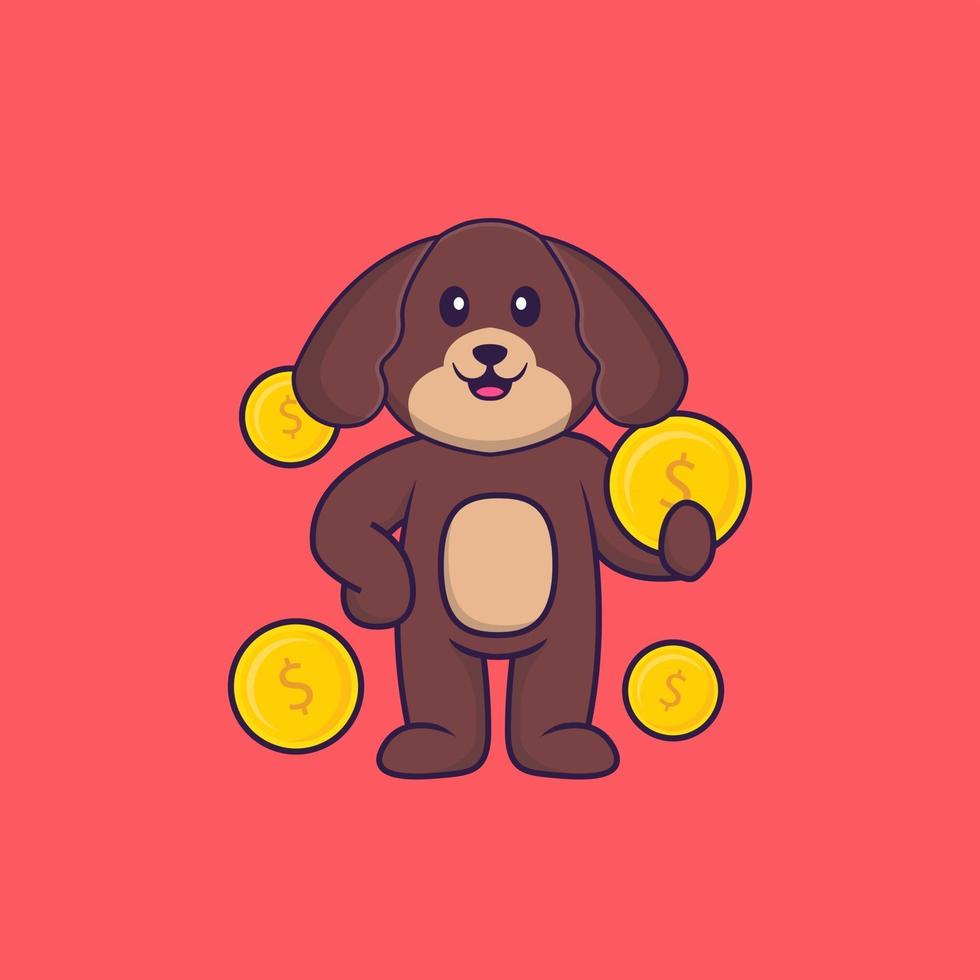 lindo perro sosteniendo una moneda. aislado concepto de dibujos animados de animales. Puede utilizarse para camiseta, tarjeta de felicitación, tarjeta de invitación o mascota. estilo de dibujos animados plana vector