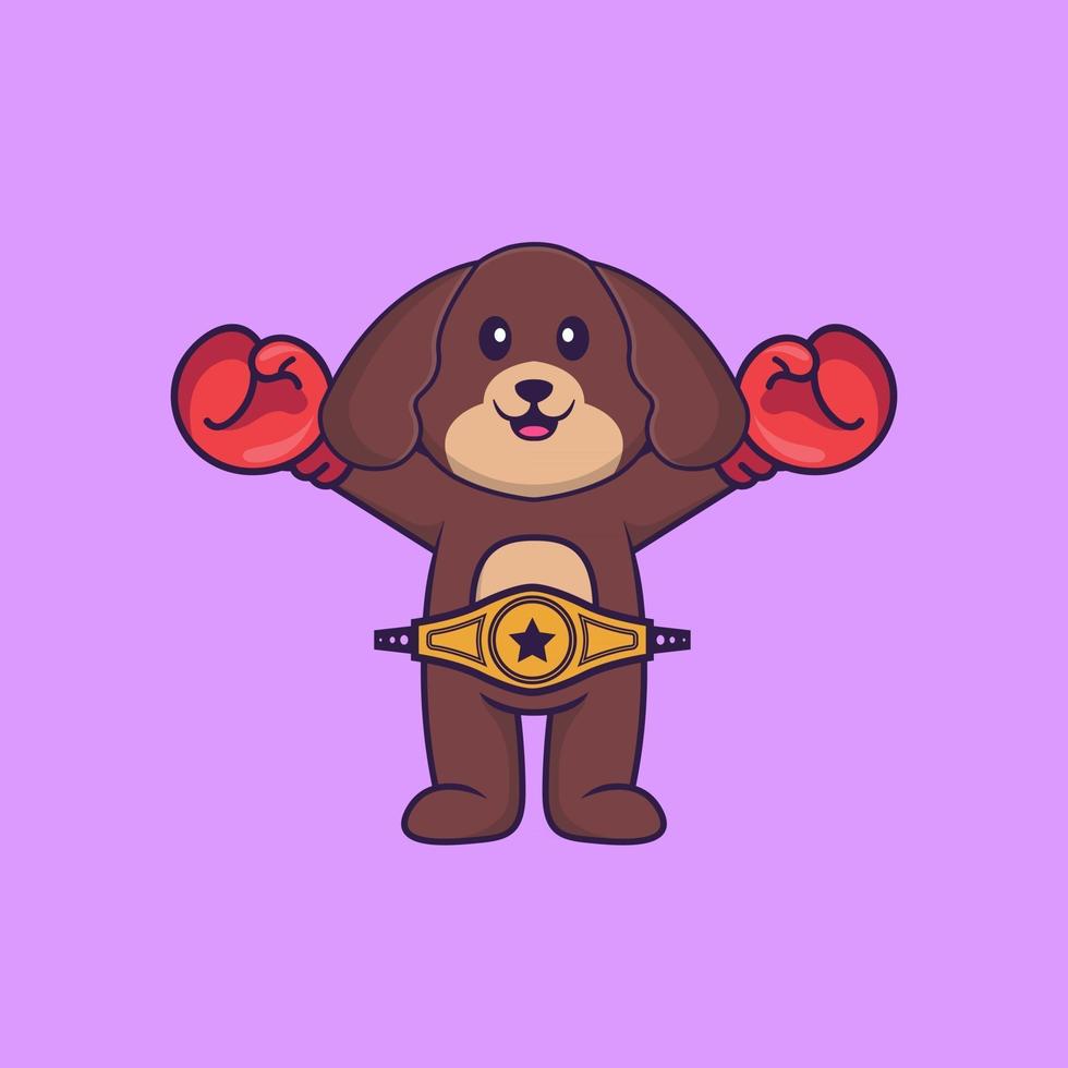 lindo perro disfrazado de boxeador con cinturón de campeón. aislado concepto de dibujos animados de animales. Puede utilizarse para camiseta, tarjeta de felicitación, tarjeta de invitación o mascota. estilo de dibujos animados plana vector