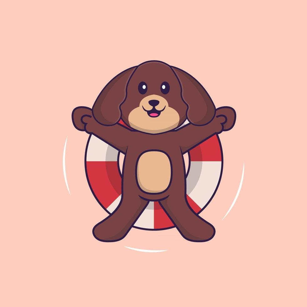 Cute dog is Swimming with a buoy. Animal cartoon concept isolated. Can used for t-shirt, greeting card, invitation card or mascot. Flat Cartoon Style vector