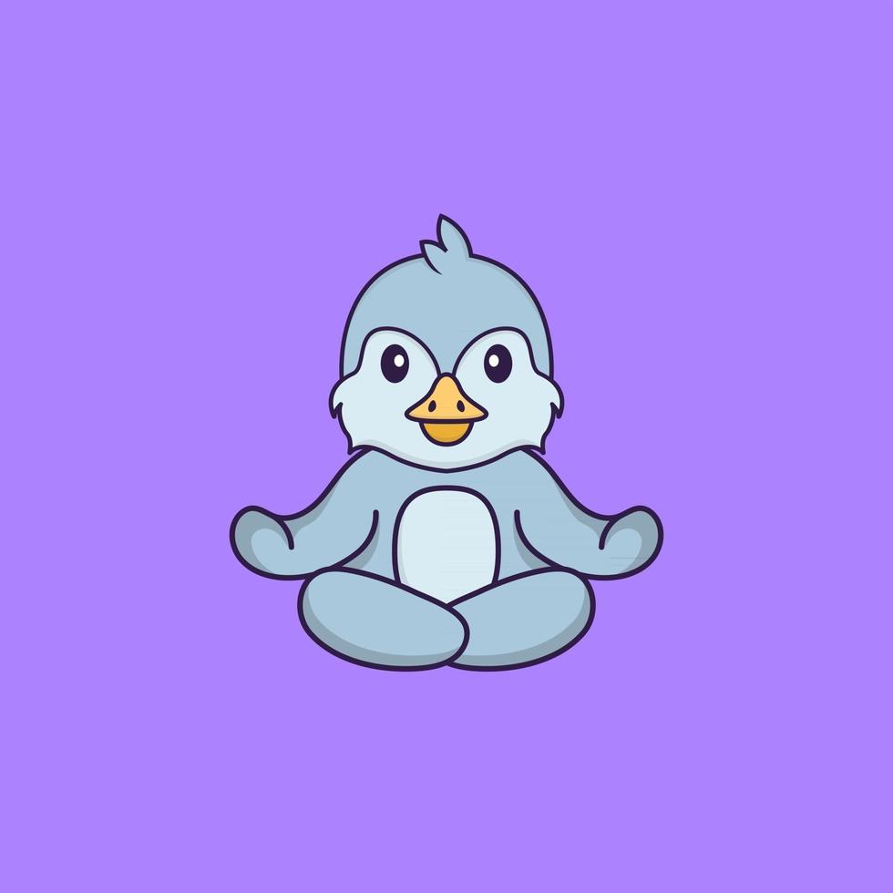 Cute bird is meditating or doing yoga. Animal cartoon concept isolated. Can used for t-shirt, greeting card, invitation card or mascot. Flat Cartoon Style vector