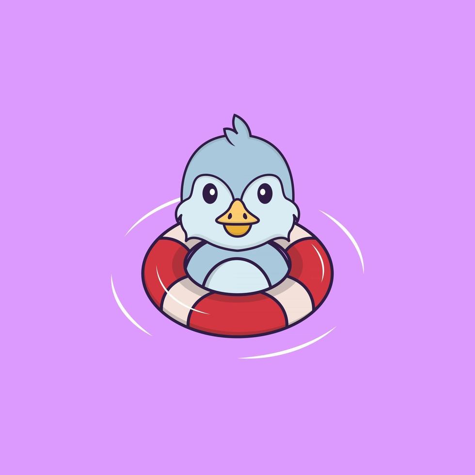 Cute bird is Swimming with a buoy. Animal cartoon concept isolated. Can used for t-shirt, greeting card, invitation card or mascot. Flat Cartoon Style vector