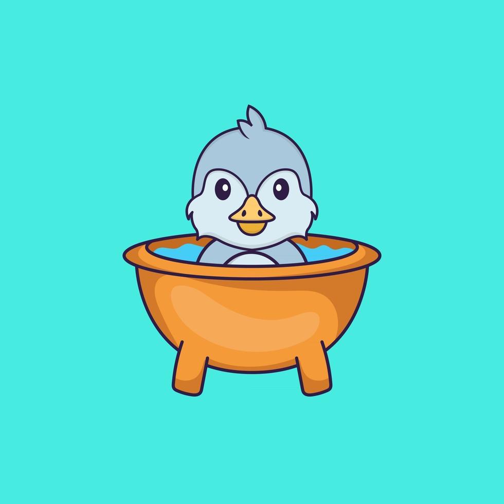 lindo pájaro tomando un baño en la bañera. aislado concepto de dibujos animados de animales. Puede utilizarse para camiseta, tarjeta de felicitación, tarjeta de invitación o mascota. estilo de dibujos animados plana vector