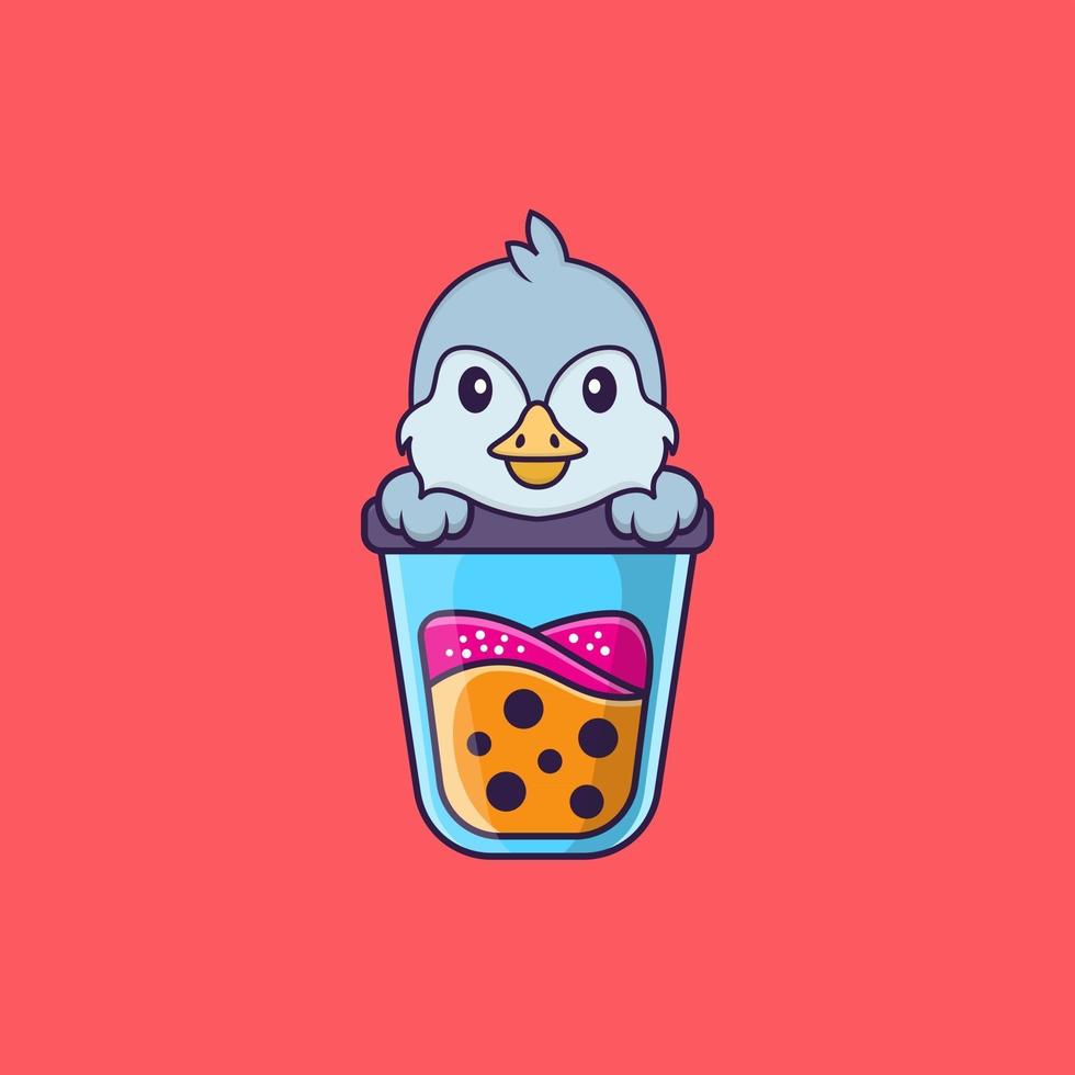 Cute bird Drinking Boba milk tea. Animal cartoon concept isolated. Can used for t-shirt, greeting card, invitation card or mascot. Flat Cartoon Style vector