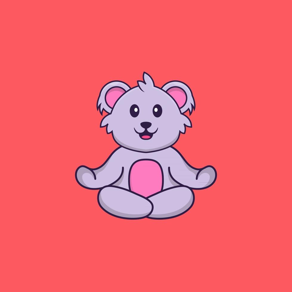 Cute koala is meditating or doing yoga. Animal cartoon concept isolated. Can used for t-shirt, greeting card, invitation card or mascot. Flat Cartoon Style vector