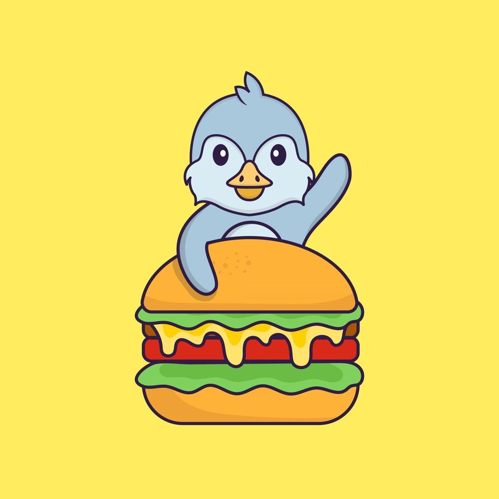 Cute bird eating burger. Animal cartoon concept isolated. Can used for t-shirt, greeting card, invitation card or mascot. Flat Cartoon Style vector