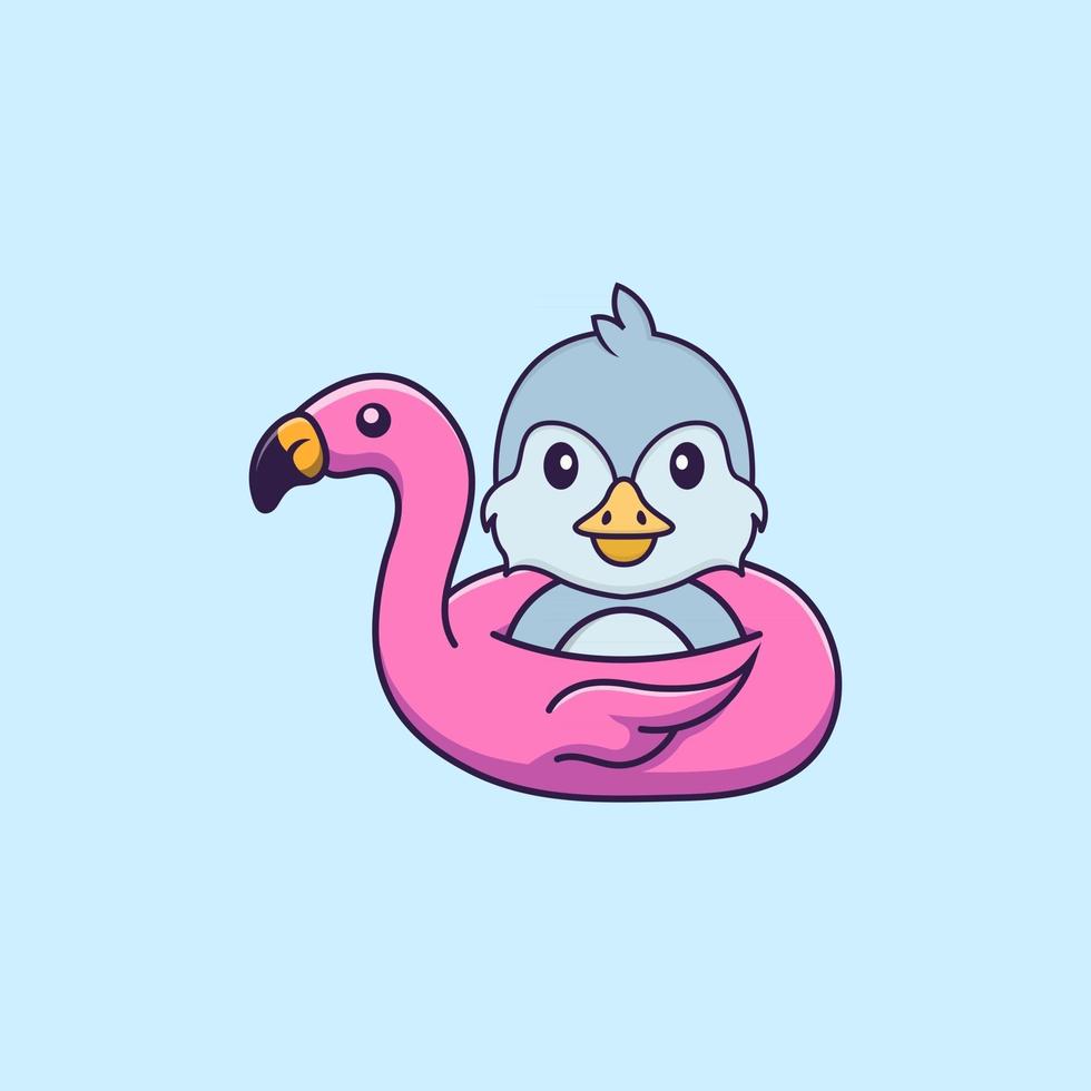 Cute bird With flamingo buoy. Animal cartoon concept isolated. Can used for t-shirt, greeting card, invitation card or mascot. Flat Cartoon Style vector