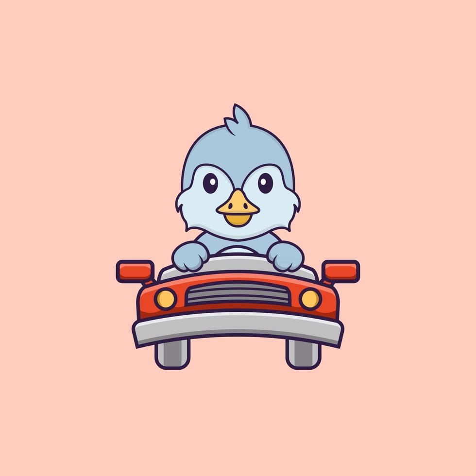 Cute bird is driving. Animal cartoon concept isolated. Can used for t-shirt, greeting card, invitation card or mascot. Flat Cartoon Style vector