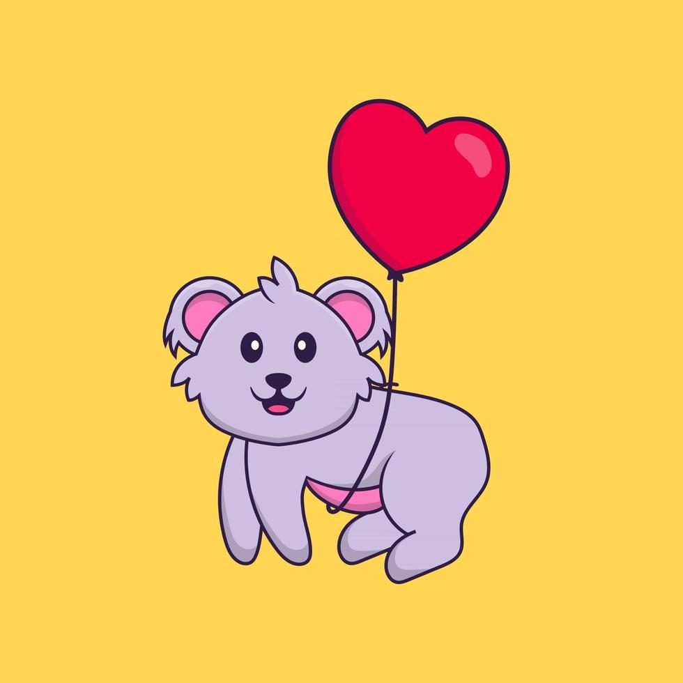 Cute koala flying with love shaped balloons. Animal cartoon concept isolated. Can used for t-shirt, greeting card, invitation card or mascot. Flat Cartoon Style vector