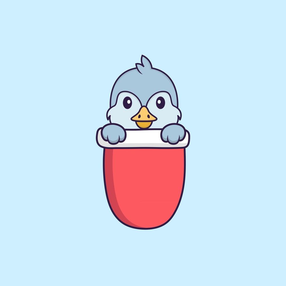 Cute bird in red pocket. Animal cartoon concept isolated. Can used for t-shirt, greeting card, invitation card or mascot. Flat Cartoon Style vector