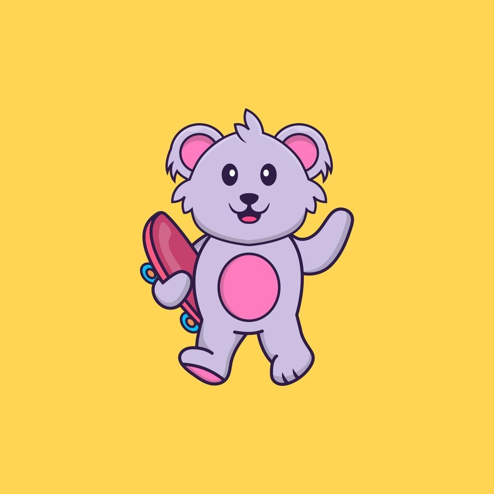 lindo koala sosteniendo una patineta. aislado concepto de dibujos animados de animales. Puede utilizarse para camiseta, tarjeta de felicitación, tarjeta de invitación o mascota. estilo de dibujos animados plana vector