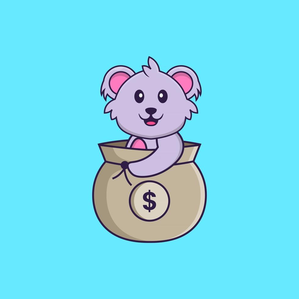 lindo koala en una bolsa de dinero. aislado concepto de dibujos animados de animales. Puede utilizarse para camiseta, tarjeta de felicitación, tarjeta de invitación o mascota. estilo de dibujos animados plana vector