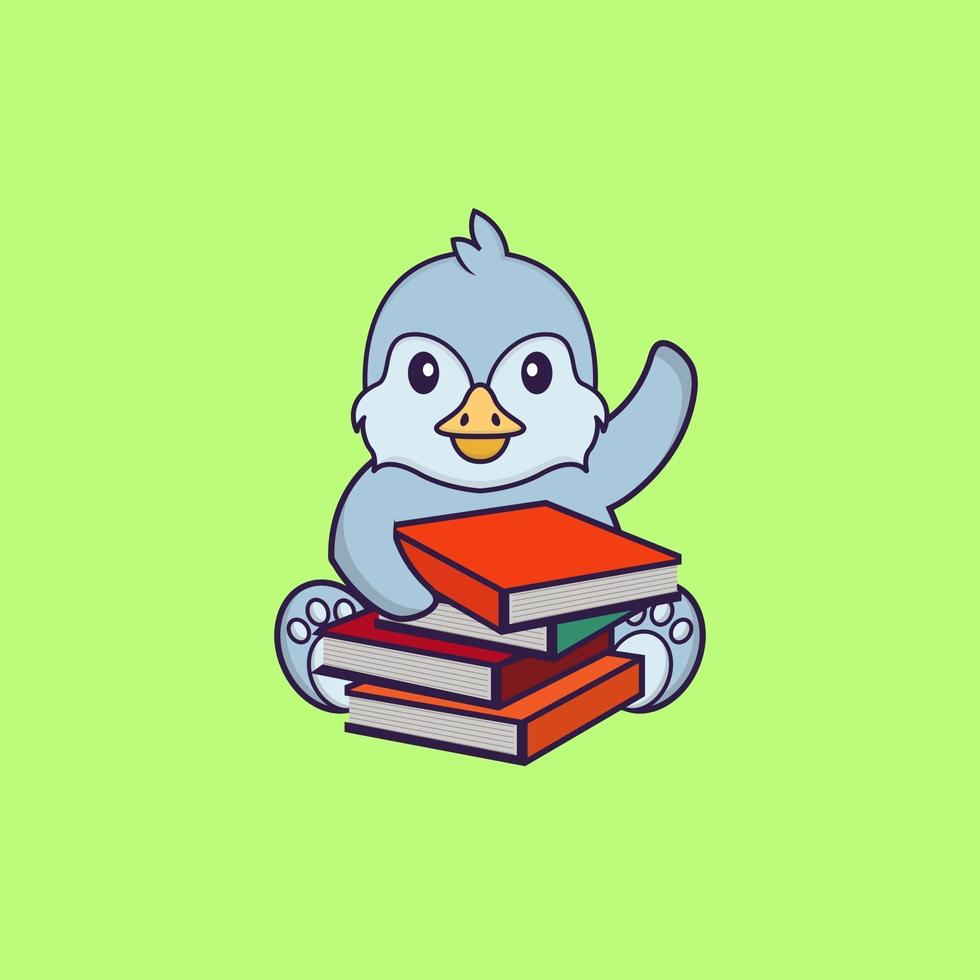 Cute bird reading a book. Animal cartoon concept isolated. Can used for t-shirt, greeting card, invitation card or mascot. flat cartoon style vector