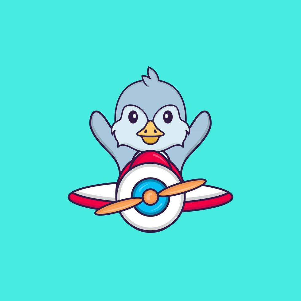 Cute bird flying on a plane. Animal cartoon concept isolated. Can used for t-shirt, greeting card, invitation card or mascot. Flat Cartoon Style vector