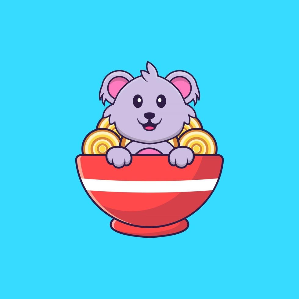 lindo koala comiendo fideos ramen. aislado concepto de dibujos animados de animales. Puede utilizarse para camiseta, tarjeta de felicitación, tarjeta de invitación o mascota. estilo de dibujos animados plana vector