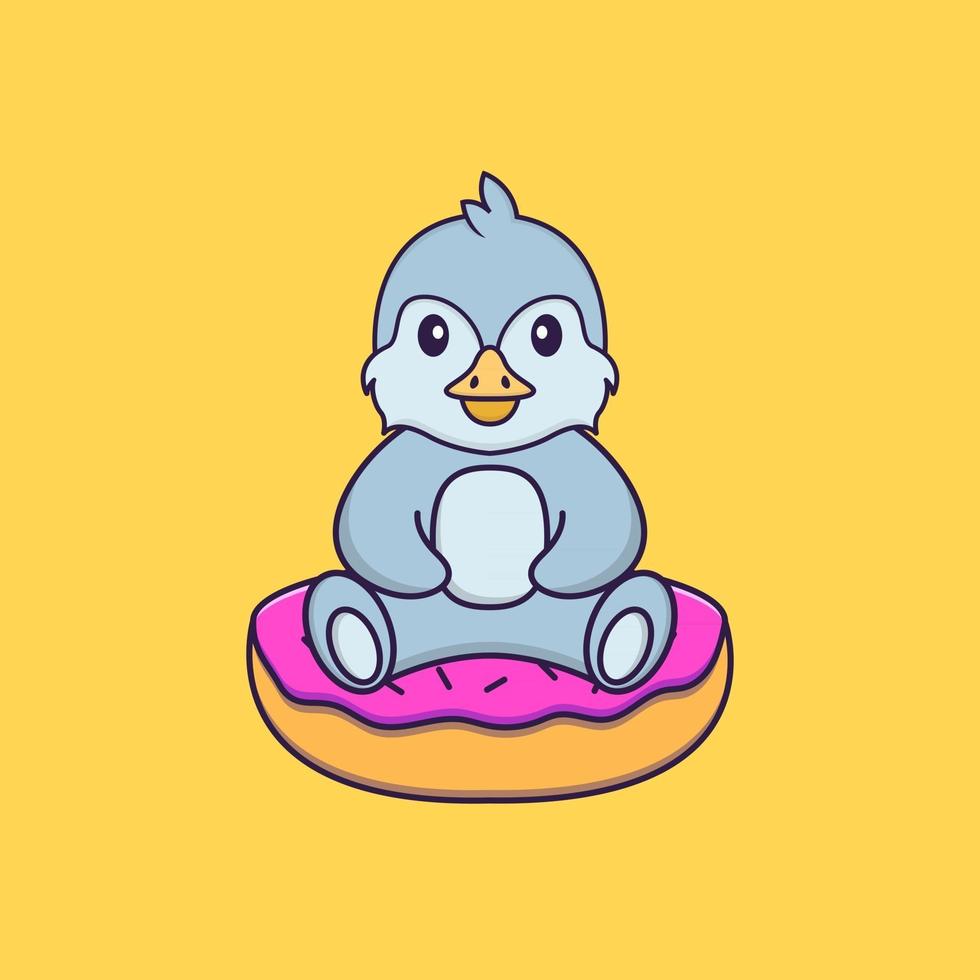 Cute bird is sitting on donuts. Animal cartoon concept isolated. Can used for t-shirt, greeting card, invitation card or mascot. Flat Cartoon Style vector