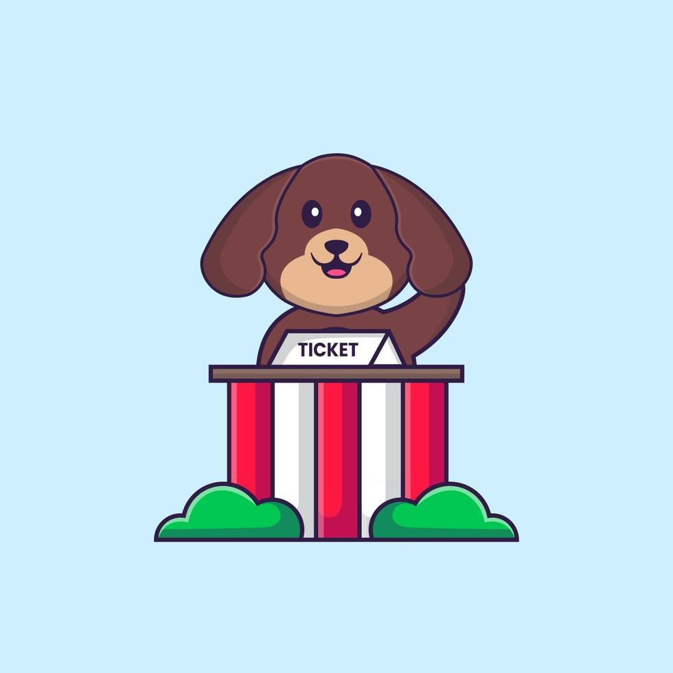 Cute dog is being a ticket keeper. Animal cartoon concept isolated. Can used for t-shirt, greeting card, invitation card or mascot. Flat Cartoon Style vector
