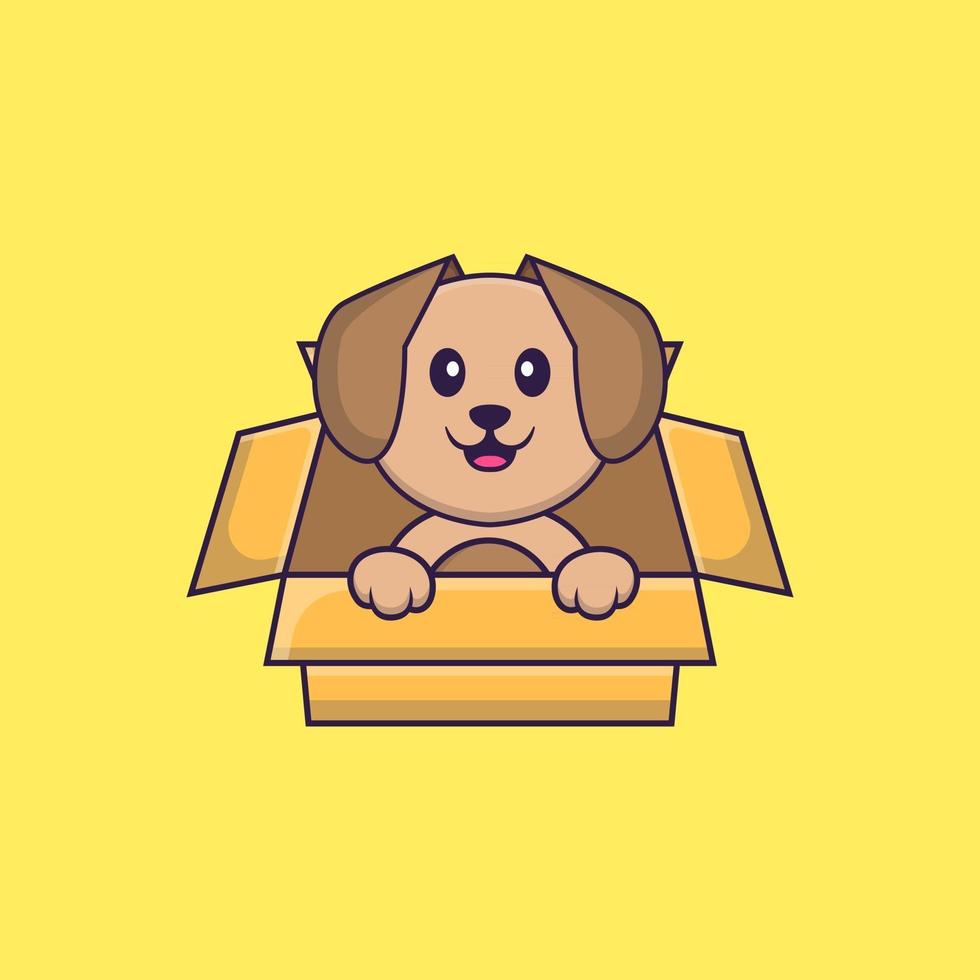 Cute dog Playing In Box. Animal cartoon concept isolated. Can used for t-shirt, greeting card, invitation card or mascot. Flat Cartoon Style vector