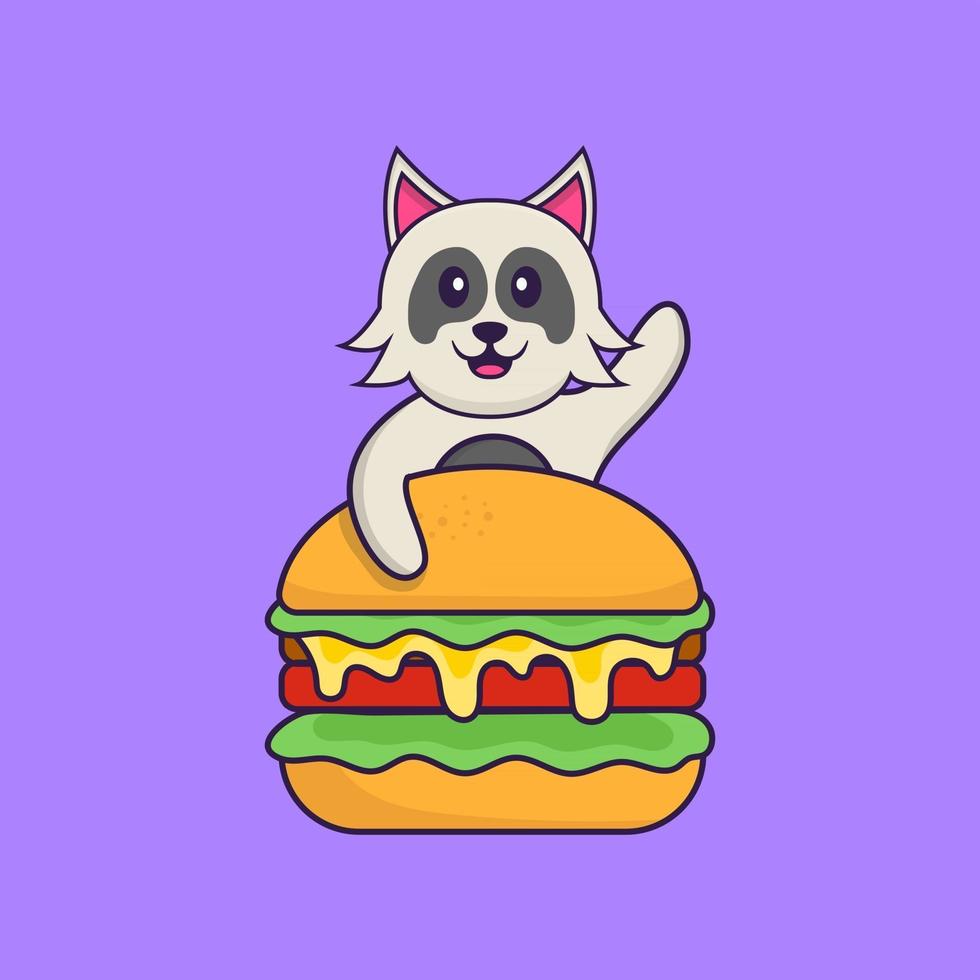 Cute dog eating burger. Animal cartoon concept isolated. Can used for t-shirt, greeting card, invitation card or mascot. Flat Cartoon Style vector