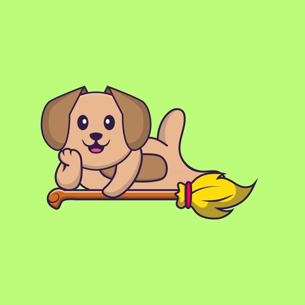 Cute dog lying on Magic Broom. Animal cartoon concept isolated. Can used for t-shirt, greeting card, invitation card or mascot. Flat Cartoon Style vector