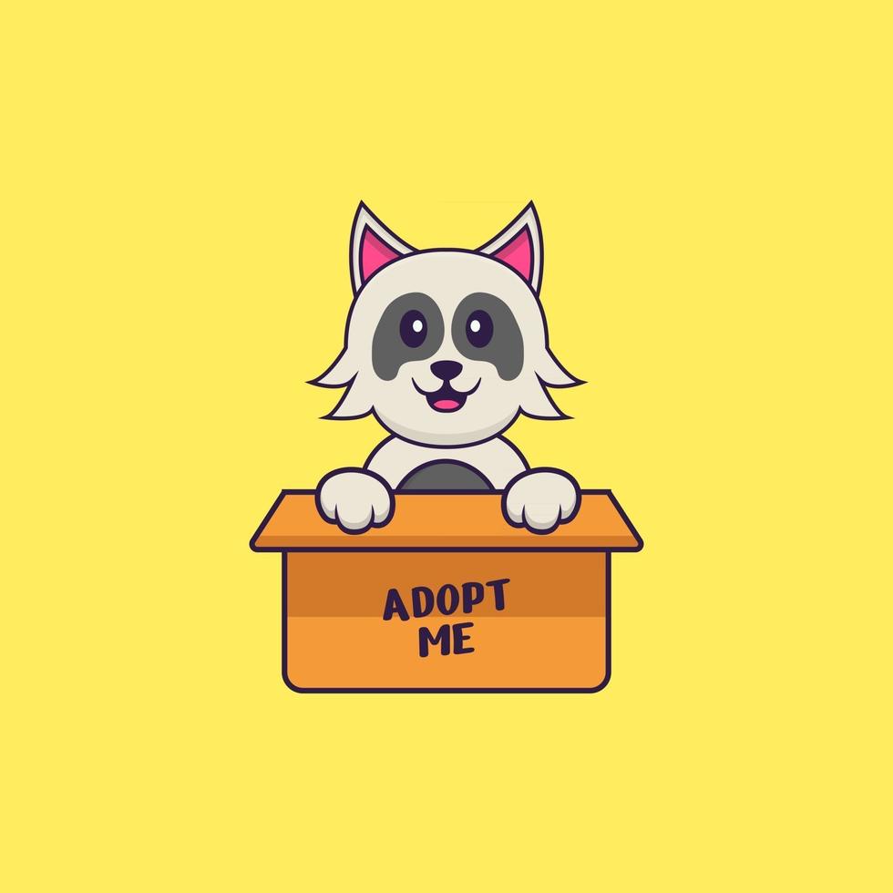 Cute dog in box with a poster Adopt me. Animal cartoon concept isolated. Can used for t-shirt, greeting card, invitation card or mascot. Flat Cartoon Style vector