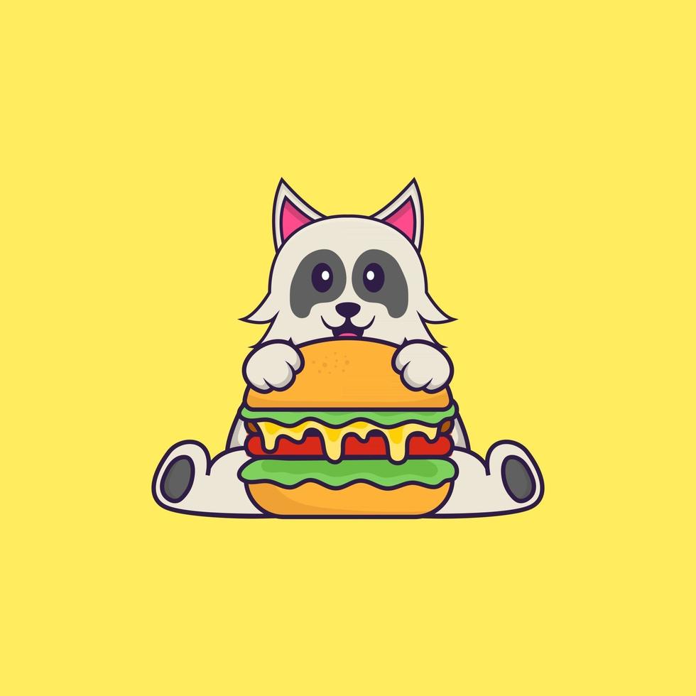 lindo perro comiendo hamburguesa. aislado concepto de dibujos animados de animales. Puede utilizarse para camiseta, tarjeta de felicitación, tarjeta de invitación o mascota. estilo de dibujos animados plana vector