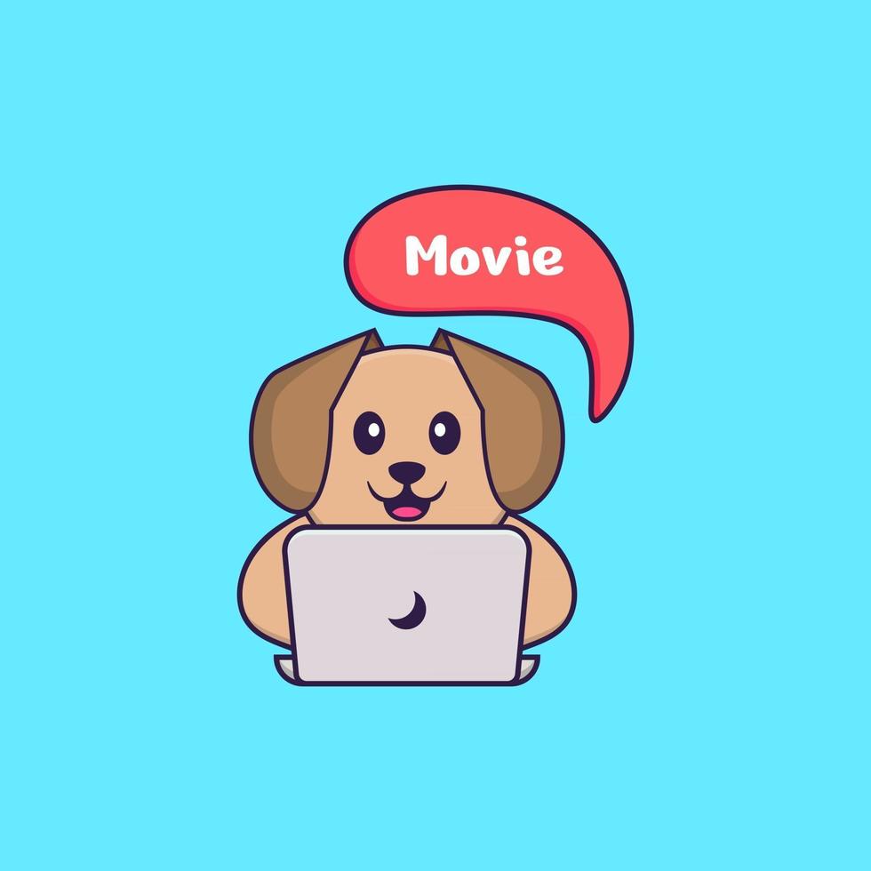 Cute dog is watching a movie. Animal cartoon concept isolated. Can used for t-shirt, greeting card, invitation card or mascot. Flat Cartoon Style vector