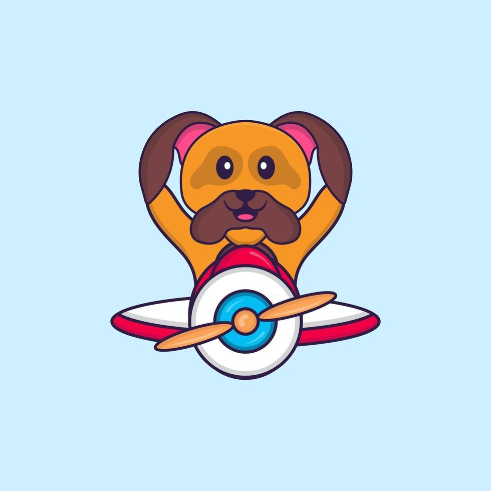 Cute dog flying on a plane. Animal cartoon concept isolated. Can used for t-shirt, greeting card, invitation card or mascot. Flat Cartoon Style vector