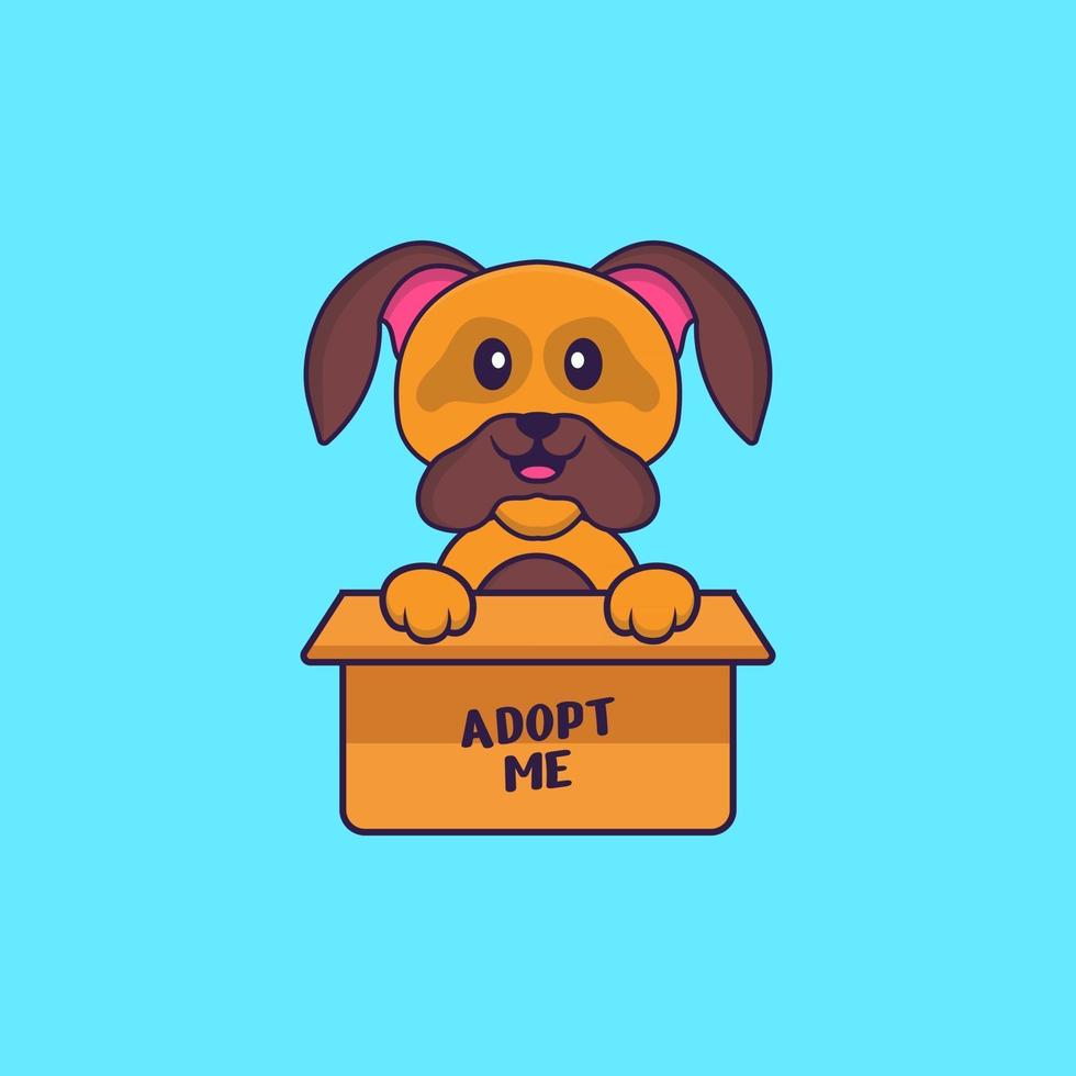 Cute dog in box with a poster Adopt me. Animal cartoon concept isolated. Can used for t-shirt, greeting card, invitation card or mascot. Flat Cartoon Style vector