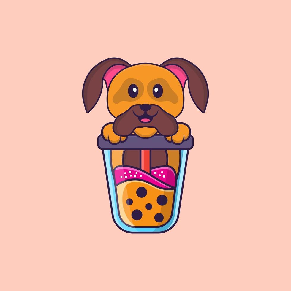 Cute dog Drinking Boba milk tea. Animal cartoon concept isolated. Can used for t-shirt, greeting card, invitation card or mascot. Flat Cartoon Style vector